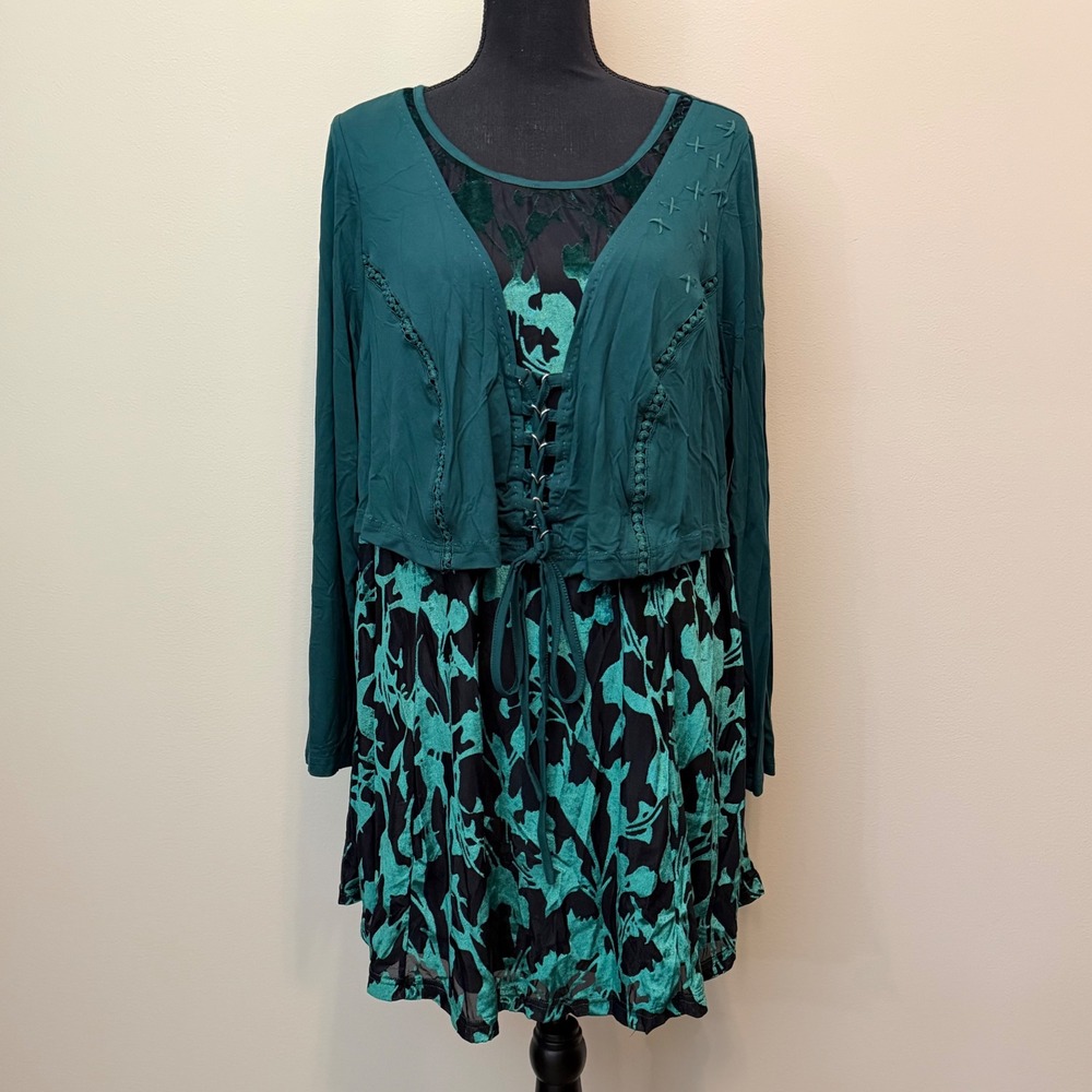 NEW Joe Browns Green Burnout Velvet Lace‎ Up Top Womens Size L 18/20 Fairycore